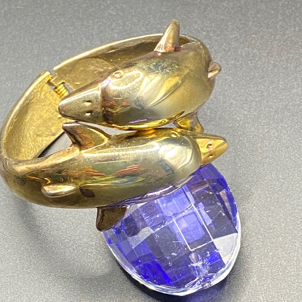 Vintage Chunky Gold Tone Brassy Dolphin Hinged Clamper Bracelet